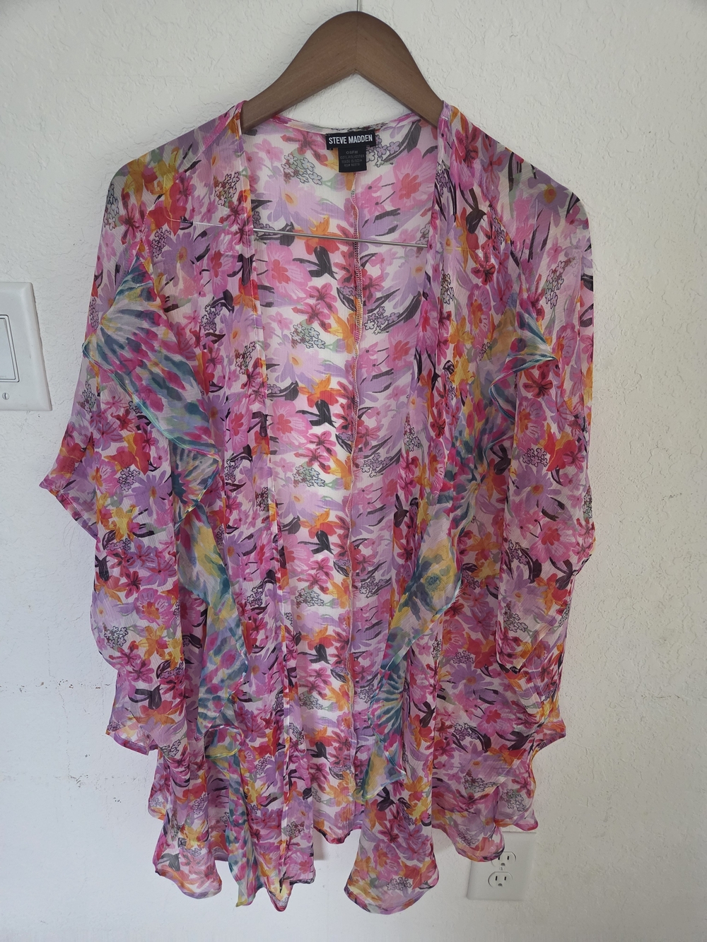 Steve Madden Floral Kimono Cardigan OSFM Pink Sheer Ruffle Beach Cover Up Duster